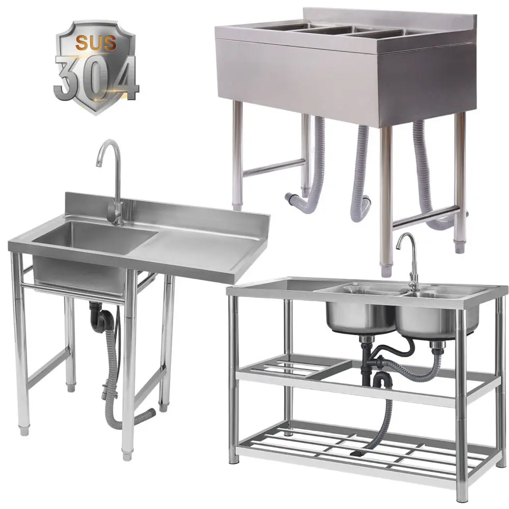 Commercial Kitchen Prep Sink & Utility Sink , 1/2/3 Compartment Stainless Steel Kitchen Sink with Storage Shelf Rack