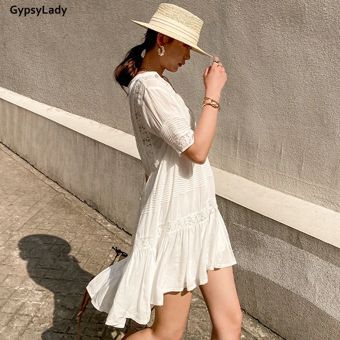 GypsyLady Mini robe d contract e en dentelle blanche Chic vacances volants ajour transparente style Boho Sexy robes de plage pour femmes