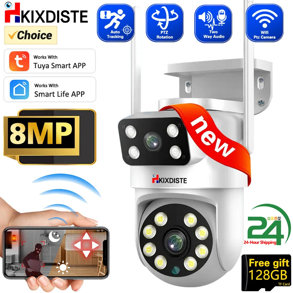 8MP Dual Lens Baby Tuya Smart Life Security Protection Automatic Alarm Wifi Outdoor PTZ Camera CCTV Video Surveillance IP Camera