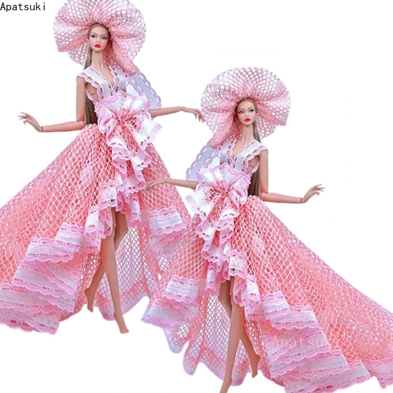 

Pink White Handmade Wedding Dress for Barbie Doll Outfits Clothes Long Tail Party Gown Hat Toys for Kids 1:6 Dolls Accessories