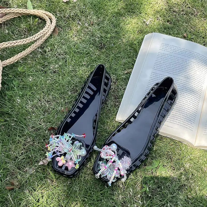 and Slippers For Women, New Summer Style, Square-Toed Women's Shoes, Colorful Bead Bow Set Accessories, Crystal Clogs,_vogvips.com