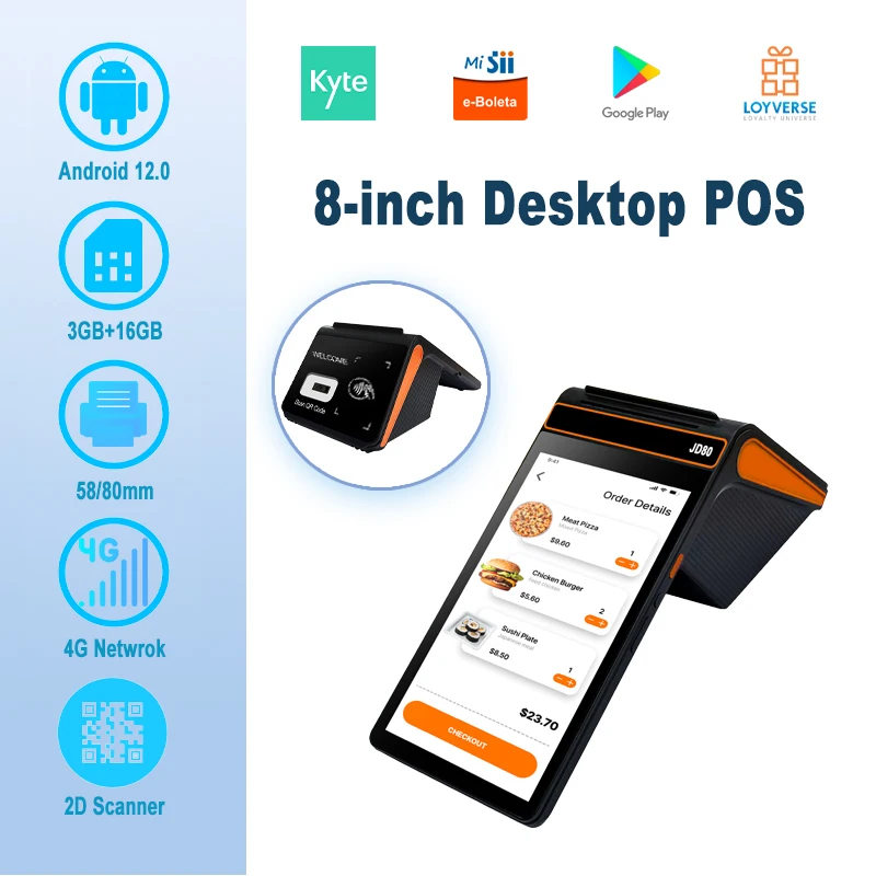 Desktop 8 inch Android 12 POS Terminal with 58/80mm Printer, 3G+16G Memory 4G WIFI BT Mobile POS, NFC 2D Scanner Cash Register