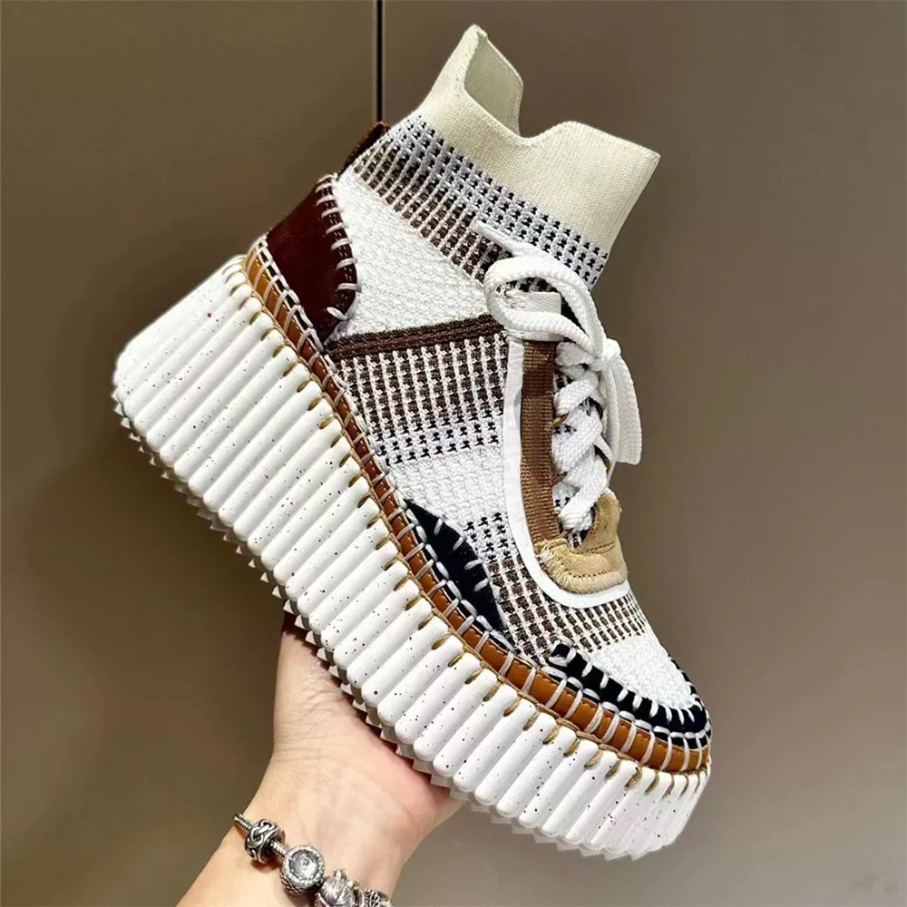 

Luxury Brand Women Wedges Thick Bottom Sock Boots for Woman Design Lace-Up Round Toe High-Top Sandals Lady Outdoors Casual Shoes