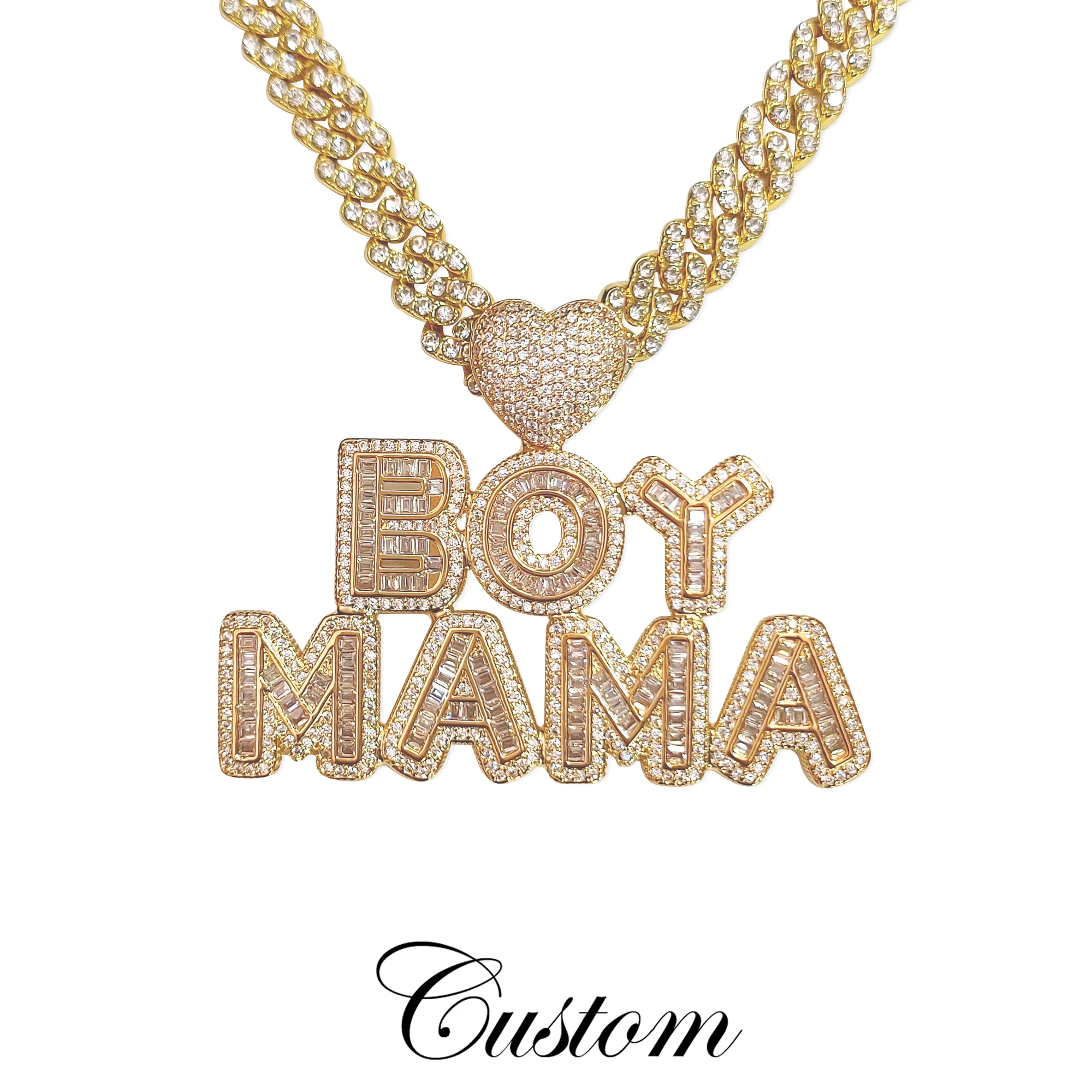 Personalized Stacked Words Pendant With Mini Cuban Chain Custom Heart Bail Letters Necklace Birthday Gift For Her Mother's Day