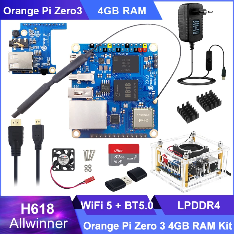 Orange Pi Zero 3 4G Ram Allwinner H618 Quad-Core Cortex-A53 64-Bit Dual Band Wifi5 + Bt 5.0 Gigabit Lan Android Debian Ubuntu Os