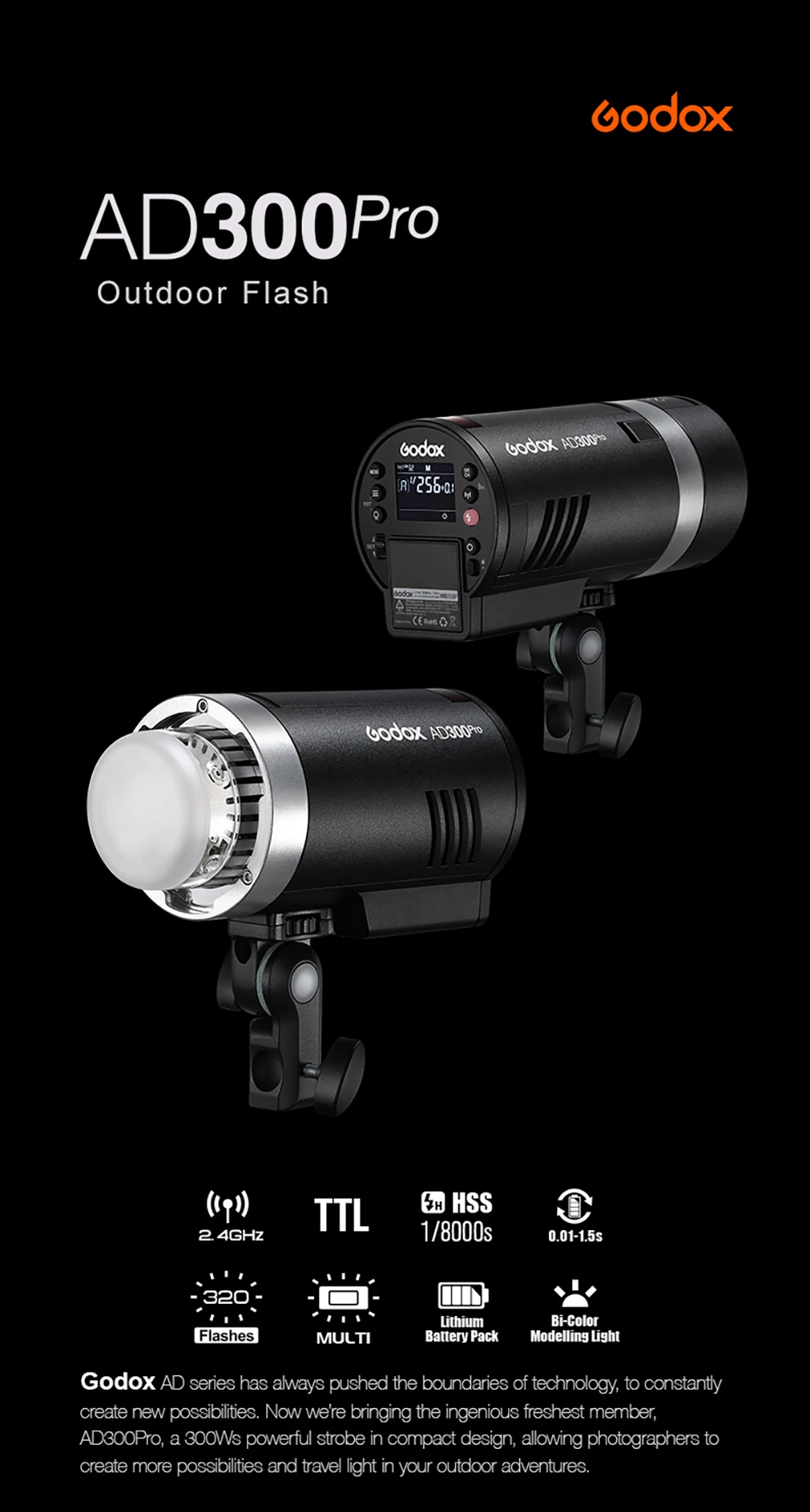 In Stock Godox AD300Pro Outdoor Flash Light 300Ws TTL 2.4G 1/8000 HSS with Batte