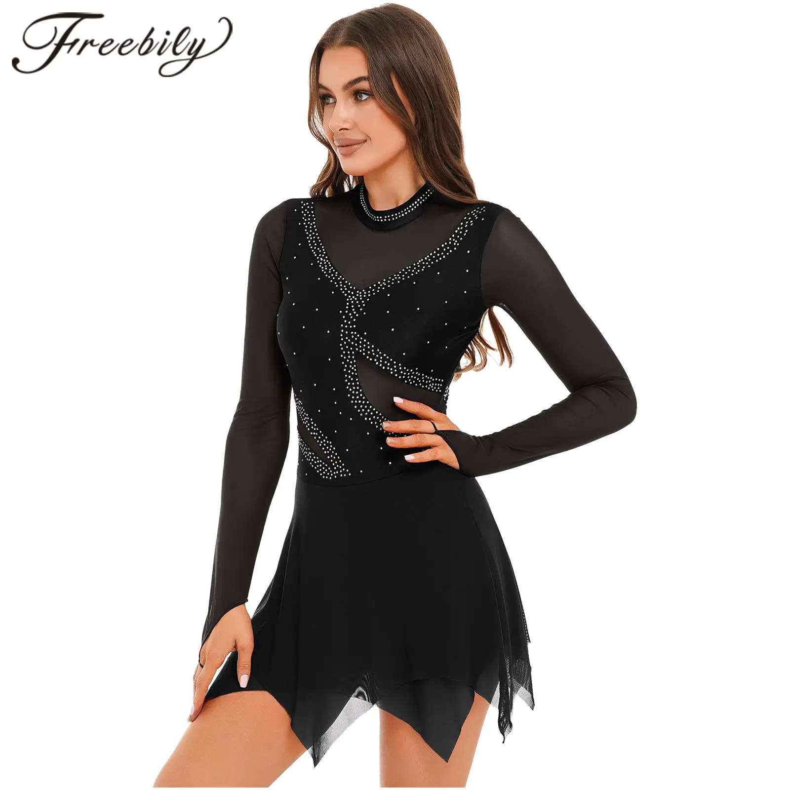 Abito Da Pattinaggio Di Figura Viola Per Ragazze E Donne – Con Strass, Maniche Lunghe, Gonna Con Panty Incluso, Costume Ghiaccio