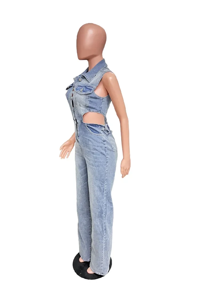 Wmstar Women Jumpsuit Sexy Revealing Waist Tight Waist Slim Fit Elastic Straight Tube Loose Wash Denim Wholesale Dropshipping