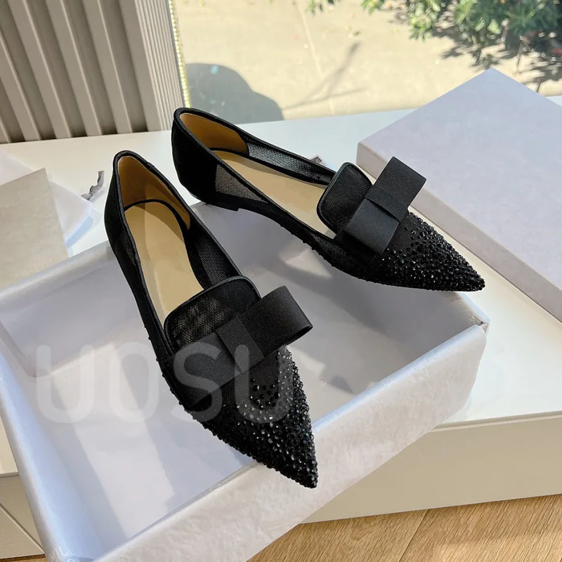 2024 New Women's Flats Designer Mesh Luxury Full Crystal Banquet Ladies Shoes Ventilated Soft Pointed Toe Ballet Shoes Dress