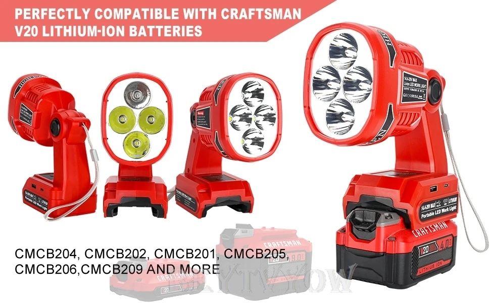 Portable Flashlight for Craftsman V20 Battery 1120LM LED Work Light Cordless Flo
