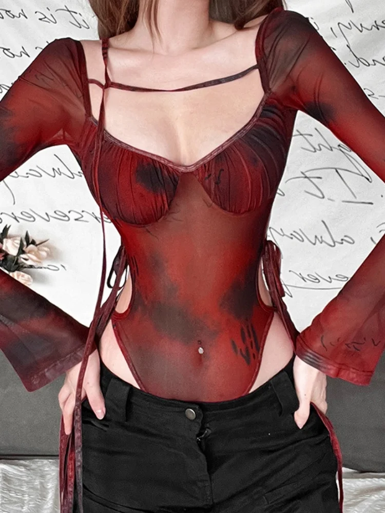 

Hollow Out Sexy Bodysuit Lingerie Lace-Up One-Pieces Body Feminino Print Corset Top Slim Fashion Trends Women Clothing Bustier