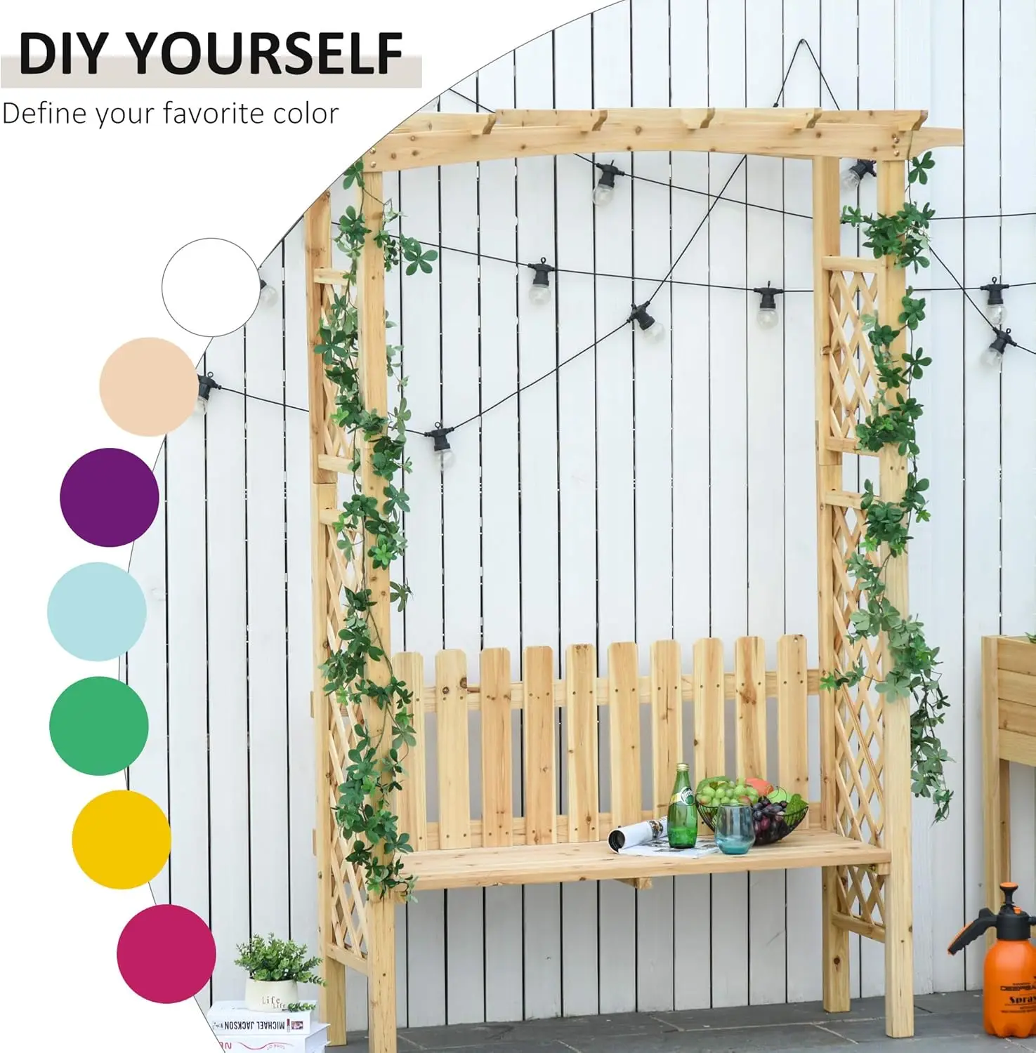 Wooden Garden Arbor for Climbing Plants with Garden Bench, Arch to Grow Grapes & Vines, Patio Decor & 2-Person Outdoor Wo