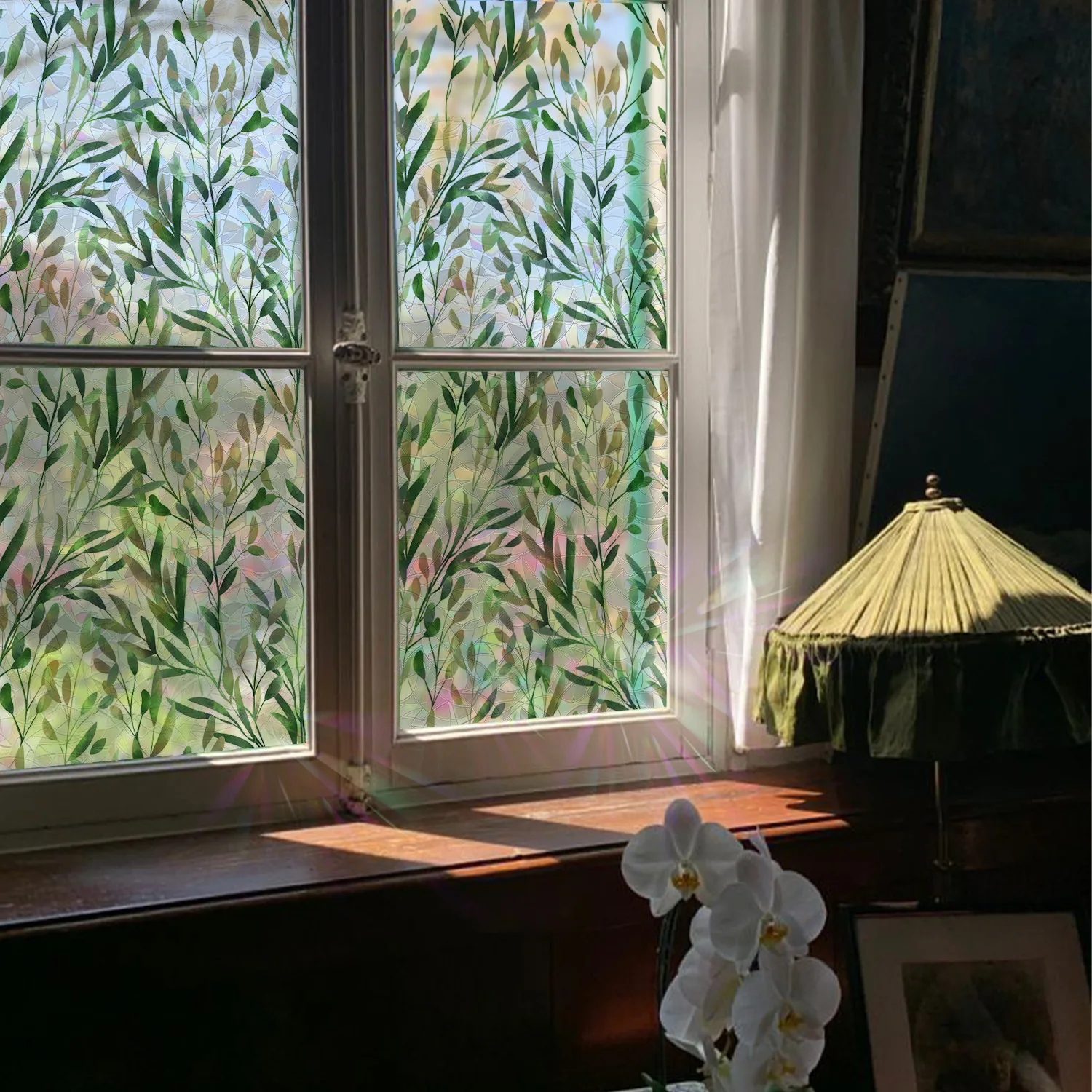 43x100cm Green Leaf Laser Window Film PVC Green Plant Electrostatic Privacy Window Stickers for Living Room Bedroom Glass Decor