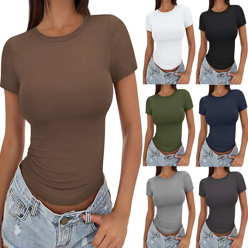 2025, neue frauen Slim Fit T-Shirt Sommer Sexy Kurzarm Rundhals Tops Koreanische Mode Basic Tee Casual Engen T-shirt