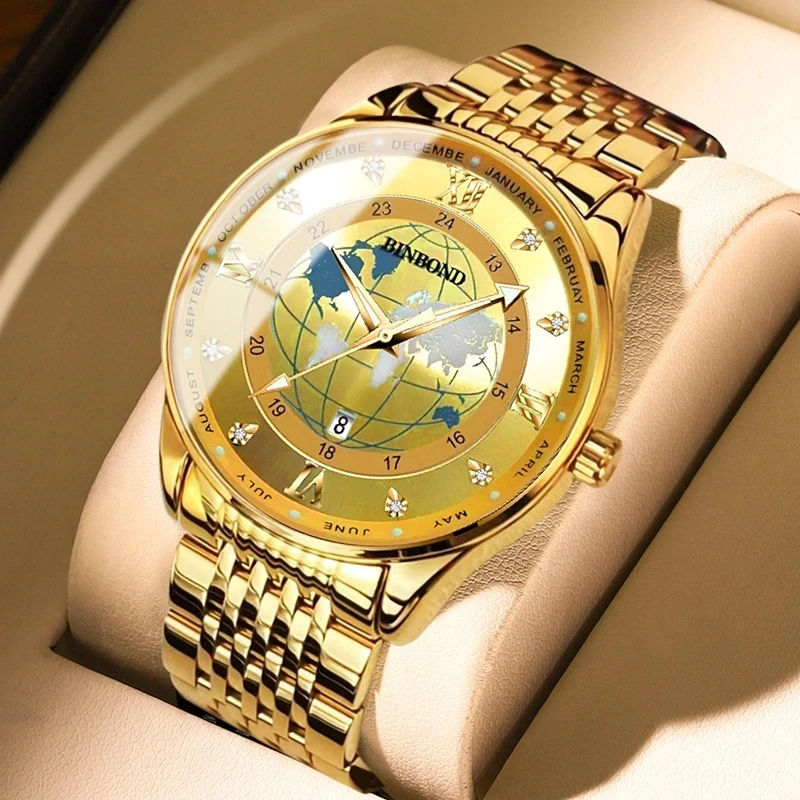 

2024 New Men BINBOND B0117 Quartz Watches Date Calendar Luminous Wristwatch Fashion Casual Stainless Steel Waterproof Clock