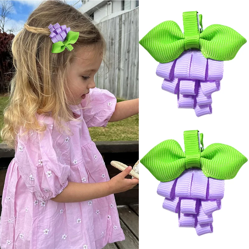 Oaoleer 2Pcs/set Grape Hair Clip for Baby Girl Creative Ribbon Bowknot Hairpin Handmade Barrettes Kids Hair Accessories Ornament fashion blue large bow hairpin women satin chiffon big bowknot bow barrettes solid color ponytail clips for girl accessories hot