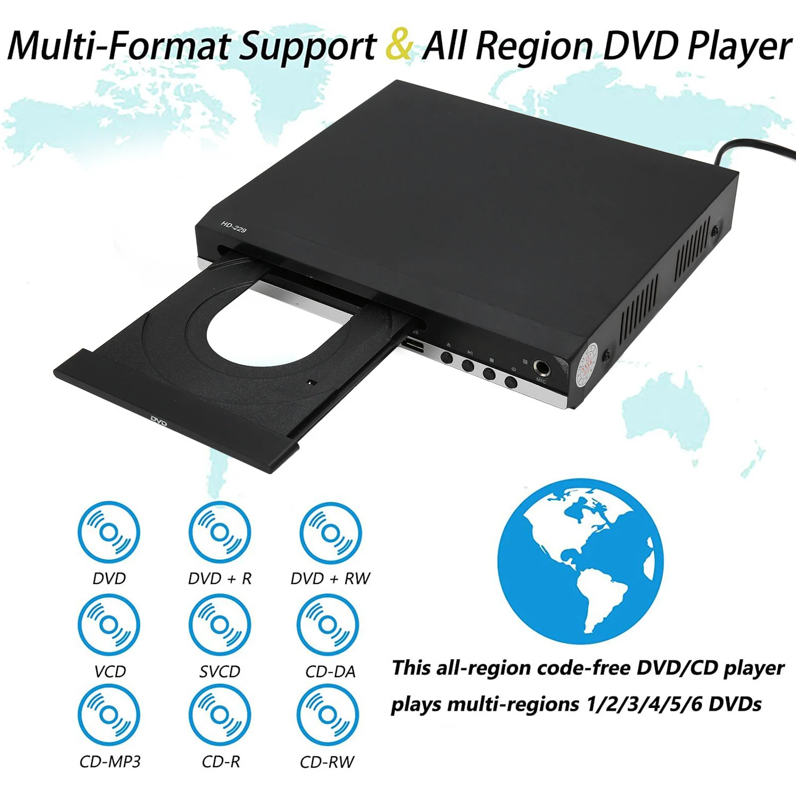 Portable Cd Player Compact DVD Player Mini DVD Player 1080P Support AV Output Remote Control HD Multimedia Interface CD with USB Port