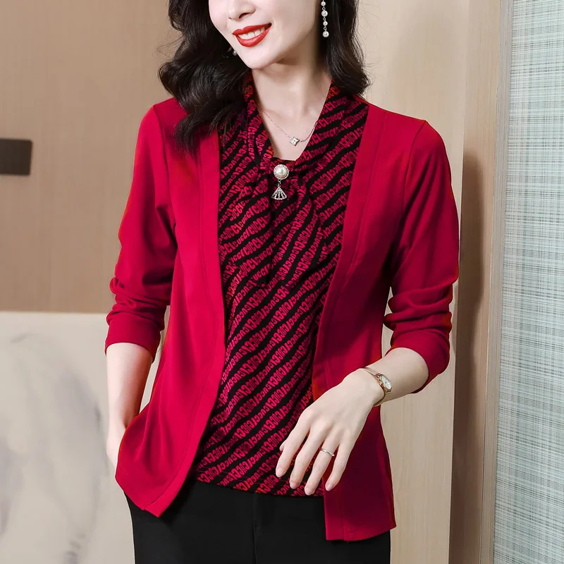 

Women's Fake Two Pieces Bow Print Tops Spring Autumn 2023 New Fashion Striped Shirts Female Clothing Long Sleeve Elegant Blouse