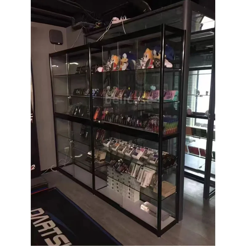 커스텀. 전체 벽 유리 디스플레이 캐비닛, 이동식 유리 선반, 연기 상점용 LED 조명 쇼케이스