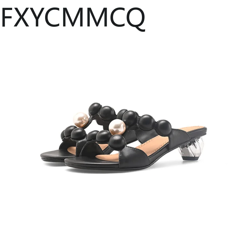 

FXYCMMCQ 2023 Women's Summer Leather Low-top Special-shaped Heel Pearl Sandals Size 32-46 23-18