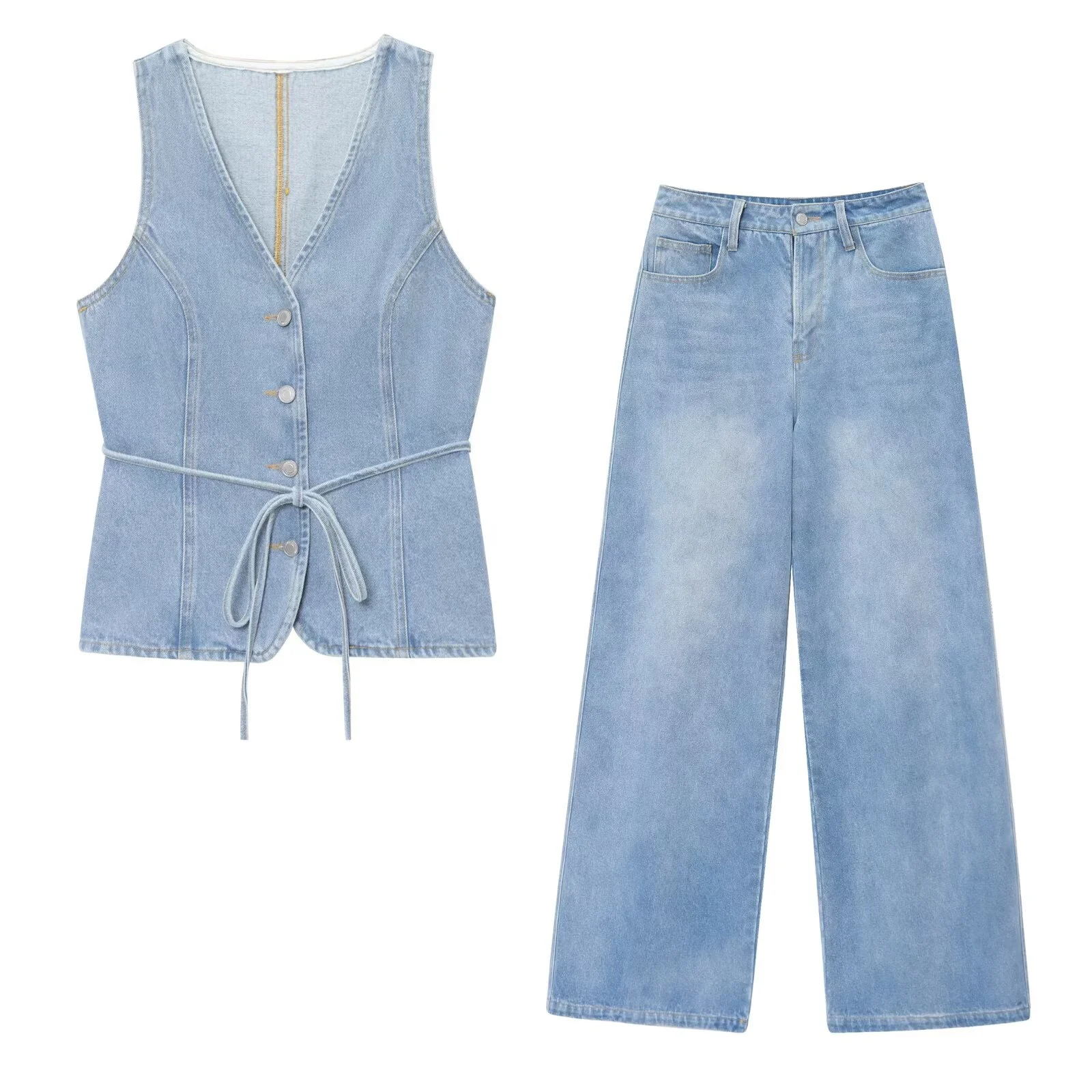 MYST&ZA2025 Summer New Women's V-neck Sleeveless Waist Casual Simple Denim Vest Top + Wide-leg Jeans Set