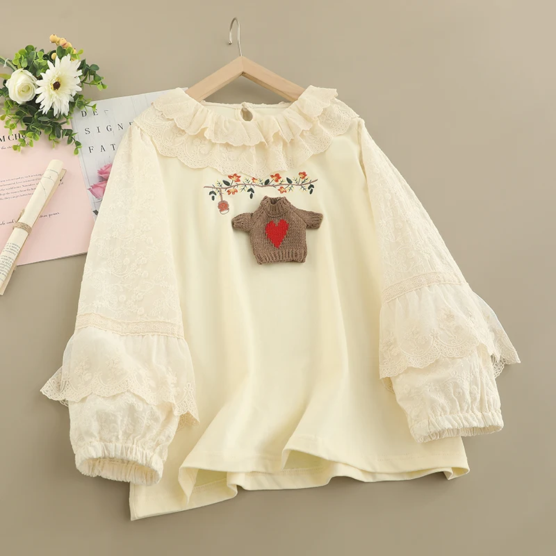 

Spring Sweet Mori Style Lace Stitched Embroidered Base Top Women Long Sleeve Casual Tops 823-551