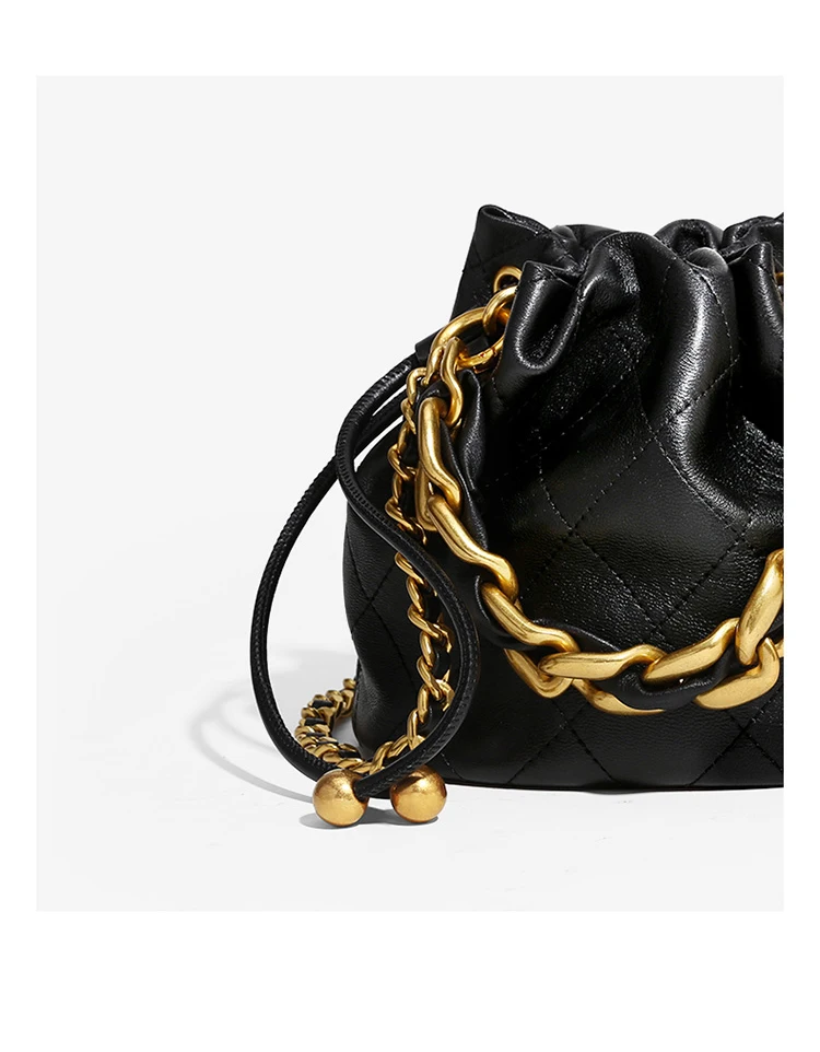 S3f312dd97522461483e7773c4d8e5ce7c Genuine Leather Quilted Drawstring Bucket Bag for Women with Chain Strap Crossbody Handbag for Daily Use and Commuting Mallzona