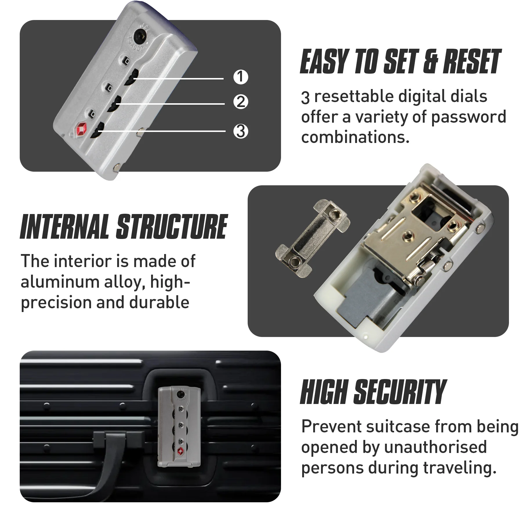 2Pcs Luggage Customs Locks TSA007 Authentication Security Lock Suitcase Replacement Password Lock for 3 Digit Self-Setting Lock