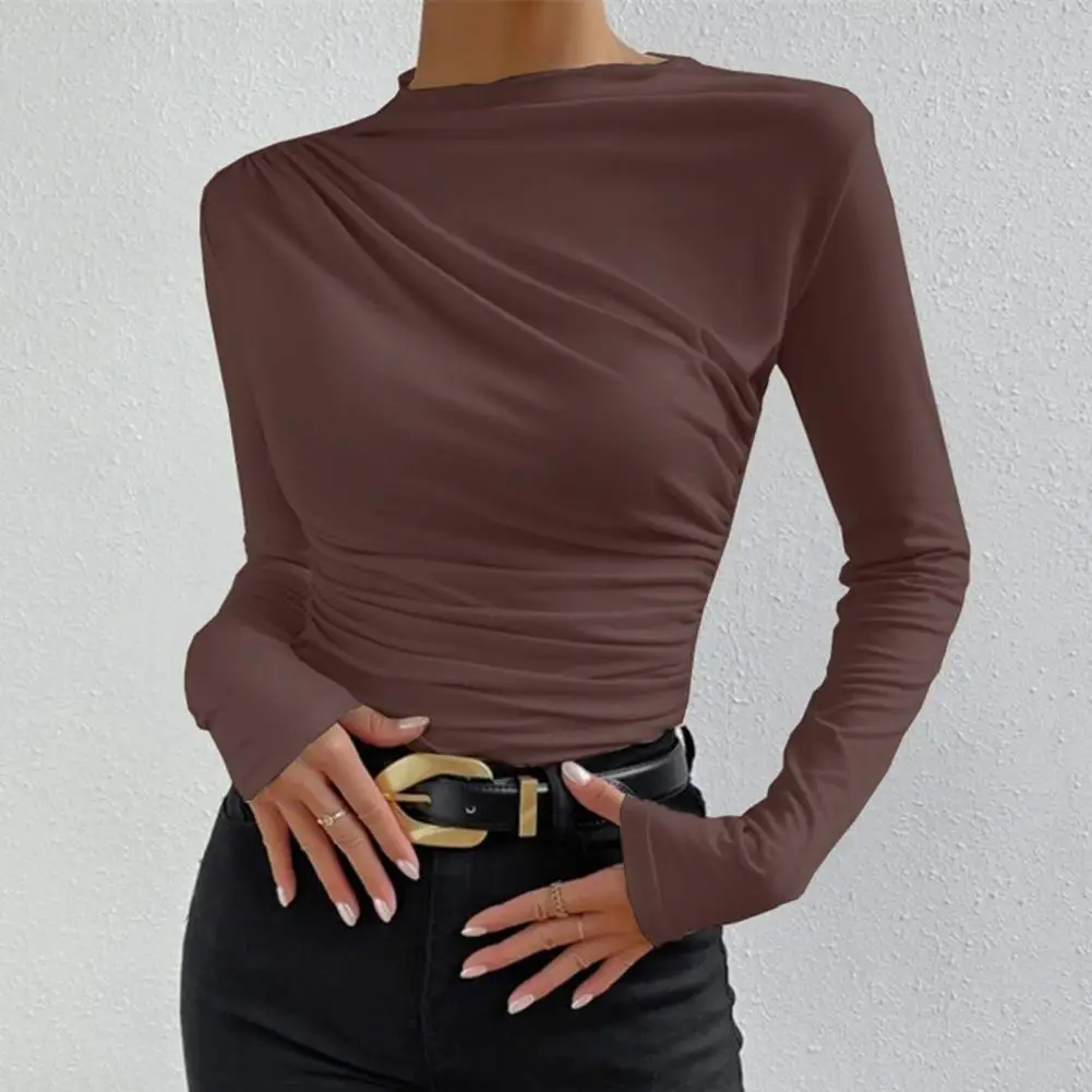 

Long Sleeve Bottoming Top Elegant Slim Fit Pleated Pullover Tops for Women Solid Color Half High Collar Long Sleeve Bottoming