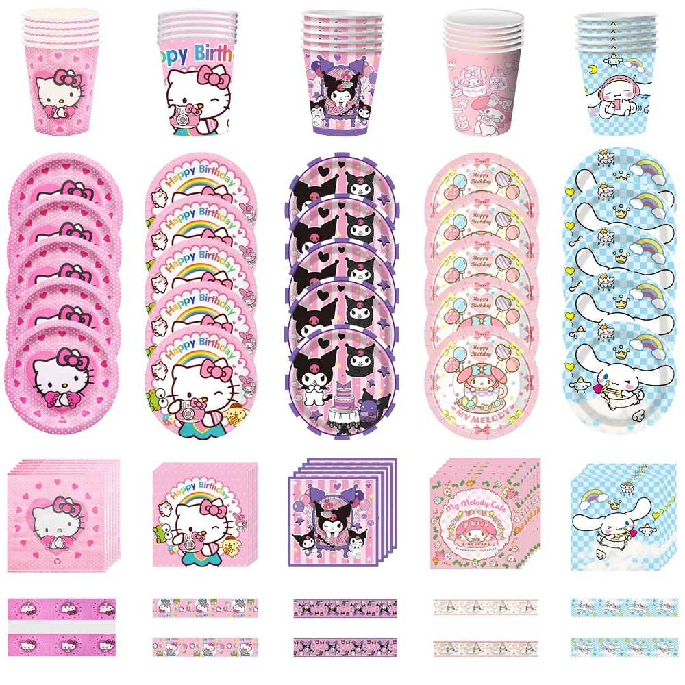 Disposable Tableware HelloKitty Kuromi Birthday Party Decorations Sanrio Disposable Tableware Cup Plate Napkin Kids Baby Theme Gathering Supplies