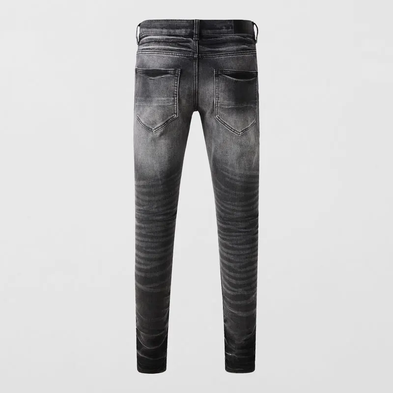 Latest Street Fashion Men's Jeans High Quality Vintage Black Elastic Tight Split Green Patch Hip Hop Jeans Designer Brand Pants