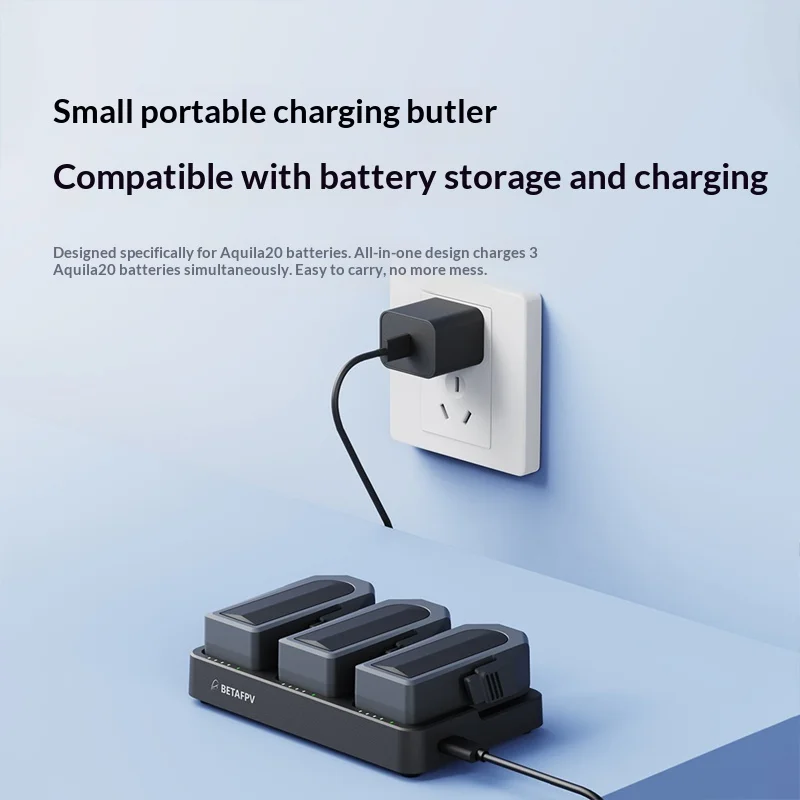 Chargeur intelligent Aquila20 3 ports USB-C pour batteries LiHV de drone, connecté à une batterie LiHV.
