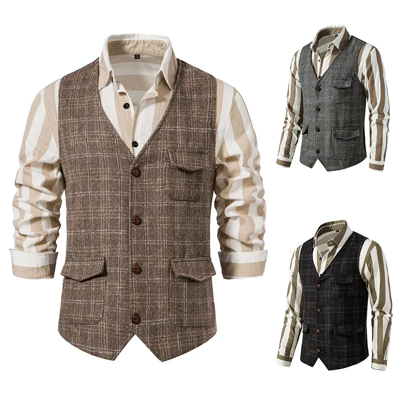 

VEIKEEY Vintage Suit Vest Plaid Tweed Vest Men Regular Fit Waistcoat for Wedding Groomsmen Casual Business Sleeveless Jacket