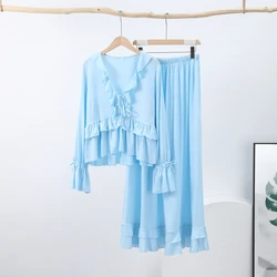 Elegant Women's Ruffle V-Neck Shirt and Pleated Skirt Set - S (Photo Color)