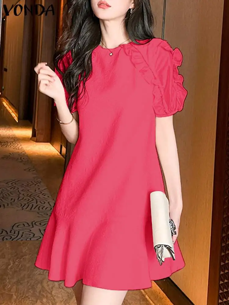 

VONDA Elegant Fashion Women A-Line Dress Summer Mini Sundress 2024 Short Sleeve Casual Solid Color Robe Ruffled Beach Vestidos
