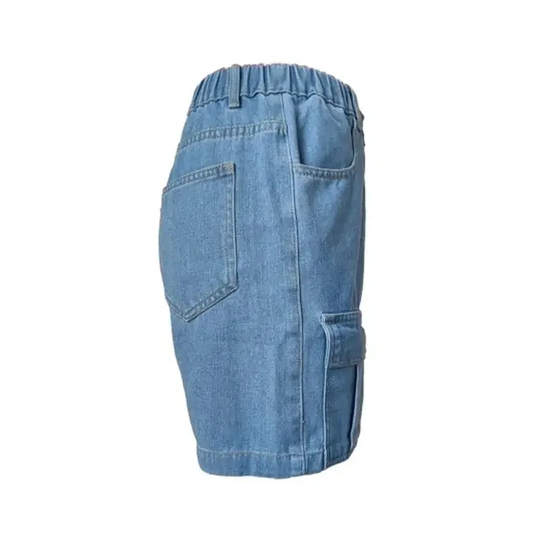 Women Elastic Waist Button Splicing Straight Denim Shorts Workwear Style Multiple Pockets Three Quarter Pants Female Mini Jeans