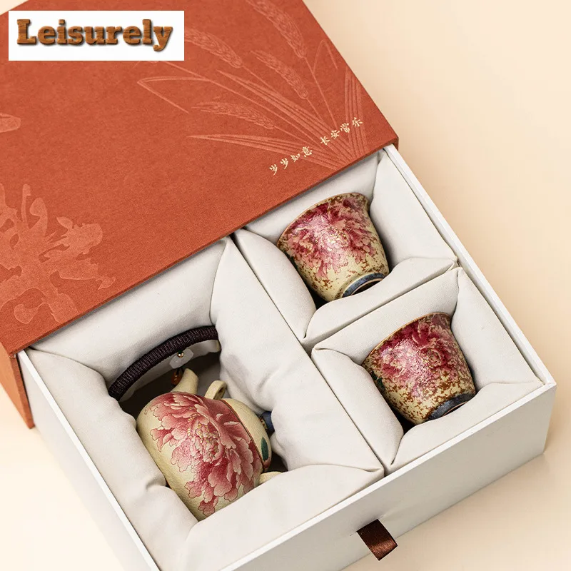 Kiln Fambe Firestone Red Lifting Handle Tea Set Complete Set Retro Tea Ceremony Set Teapot And Tea Cup Set Teaware Decoration