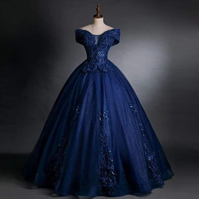 

Navy Blue Mexican Girls Quinceanera Dresses Vestidos De 15 Anos Applique Beading Formal Princess Birthday Party Formal Gowns