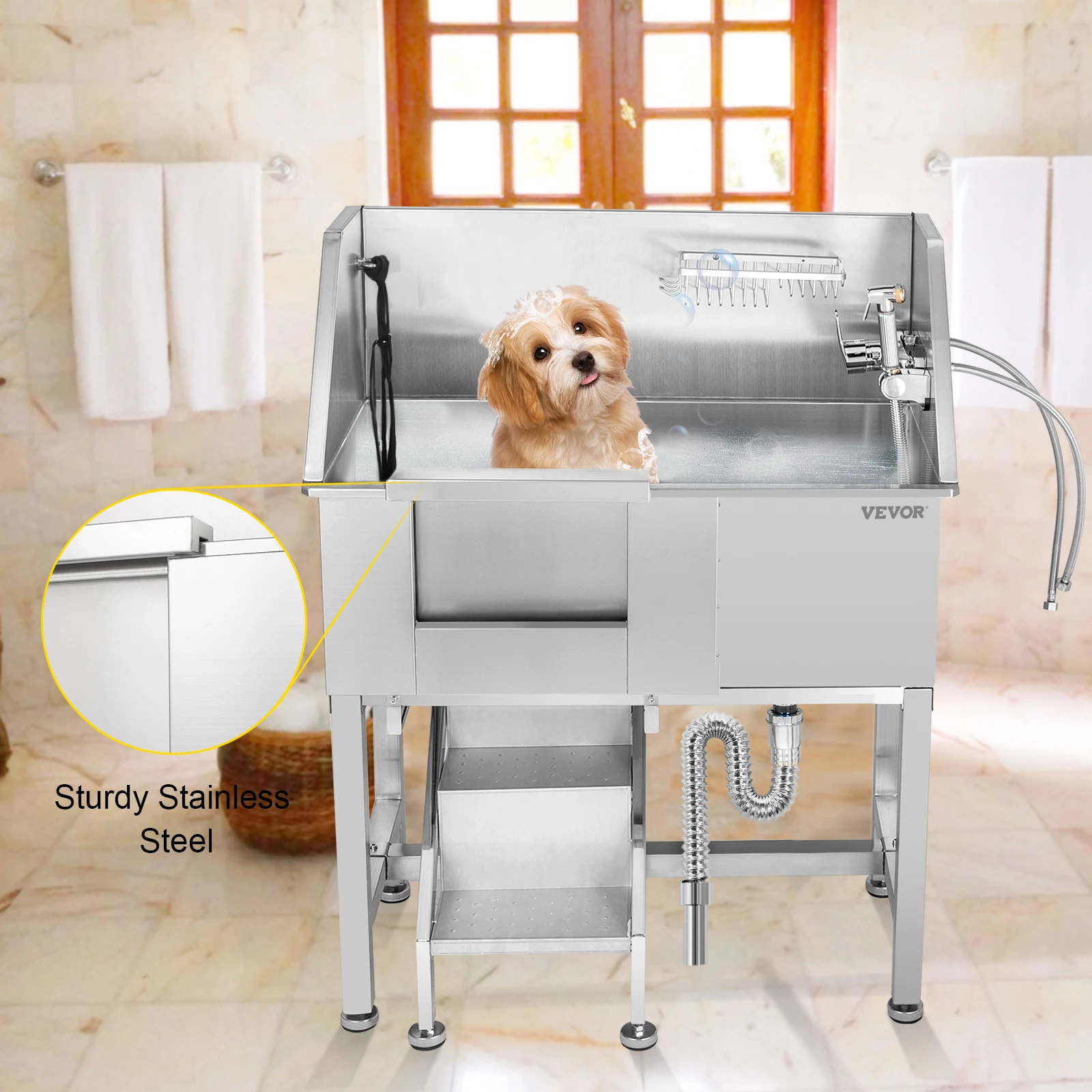 

VEVOR Stainless Steel Pet Grooming Tub 34 Inch Dog Grooming Tub With Faucet And Accessories For Dog Washing Station Pet Bath Tub