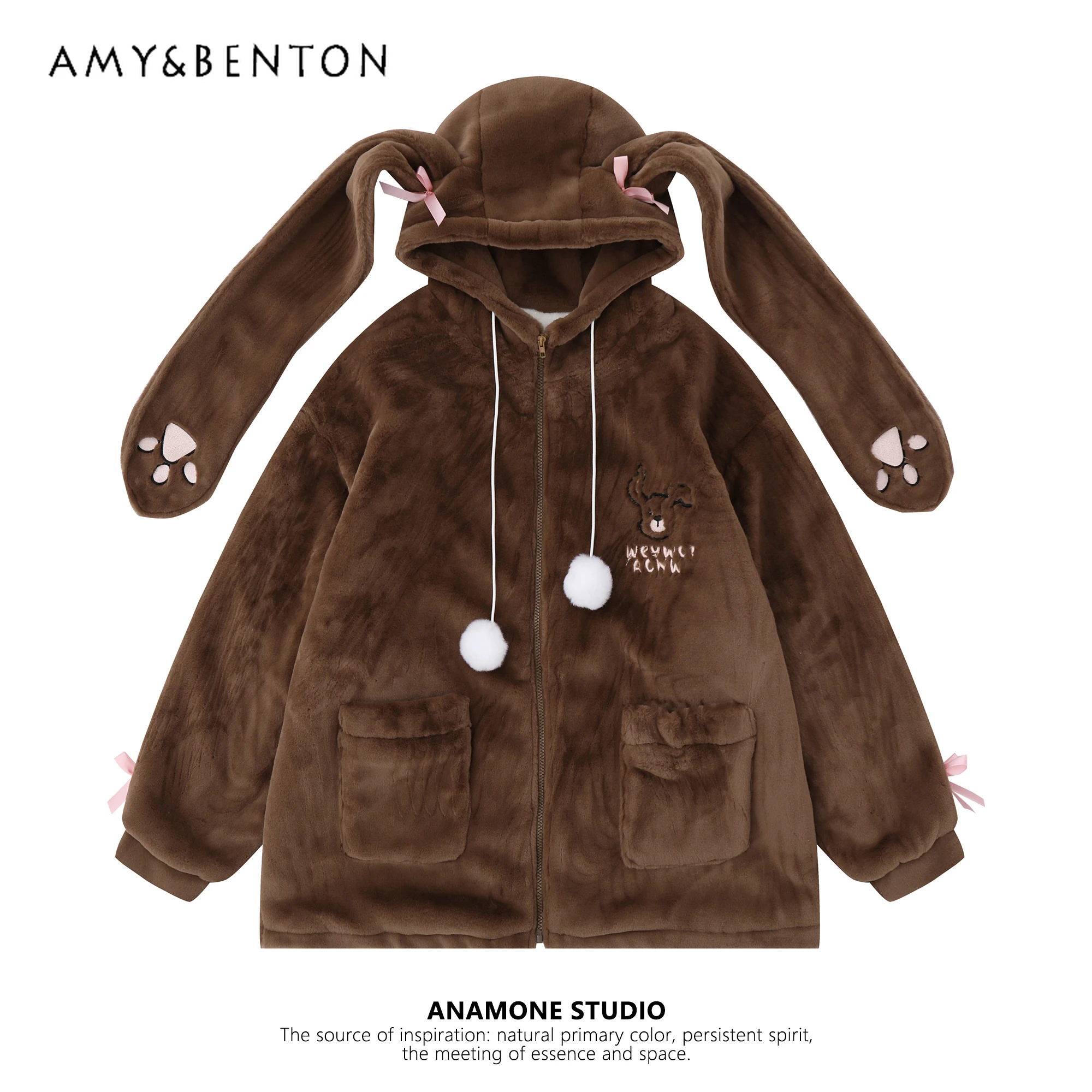 

Japanese Preppy Style Rabbit Ears Hooded Lamb Wool Coat Women Winter New Kawaii Embroidery Loose Cute Plush Oversized Jackets
