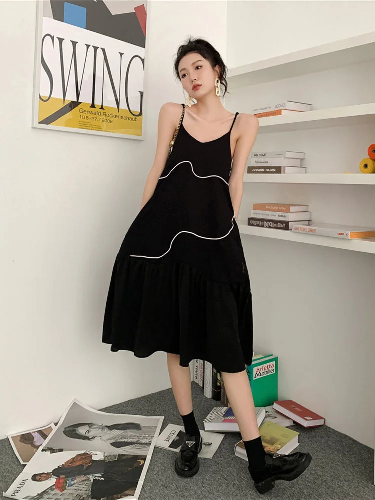 

Черное платье на бретельках, женское нишевое вечернее платье с V-образным вырезом неправильной формы в Корейском стиле, модель G038 на лето, 2022