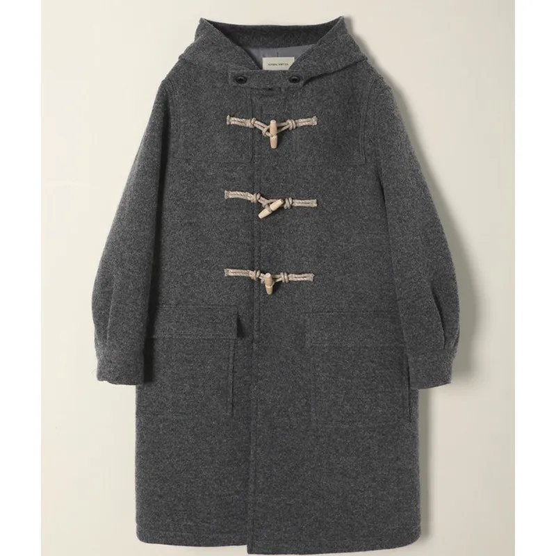 Horn Button Wool Coat Autumn Winter  Cowl Button Wool Coat Women With Hood Medium-Length High Quality for 2023 Women horn button wool coat autumn winter cowl button wool coat women with hood medium length high quality for 2023 women