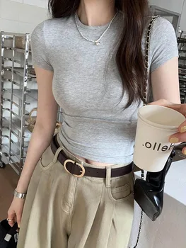 Basic Solid Crop Top Short Sleeve Crewneck Skinny T-shirt Summer Casual Tee for Women y2k Vintage Top Harajuku Streetwear