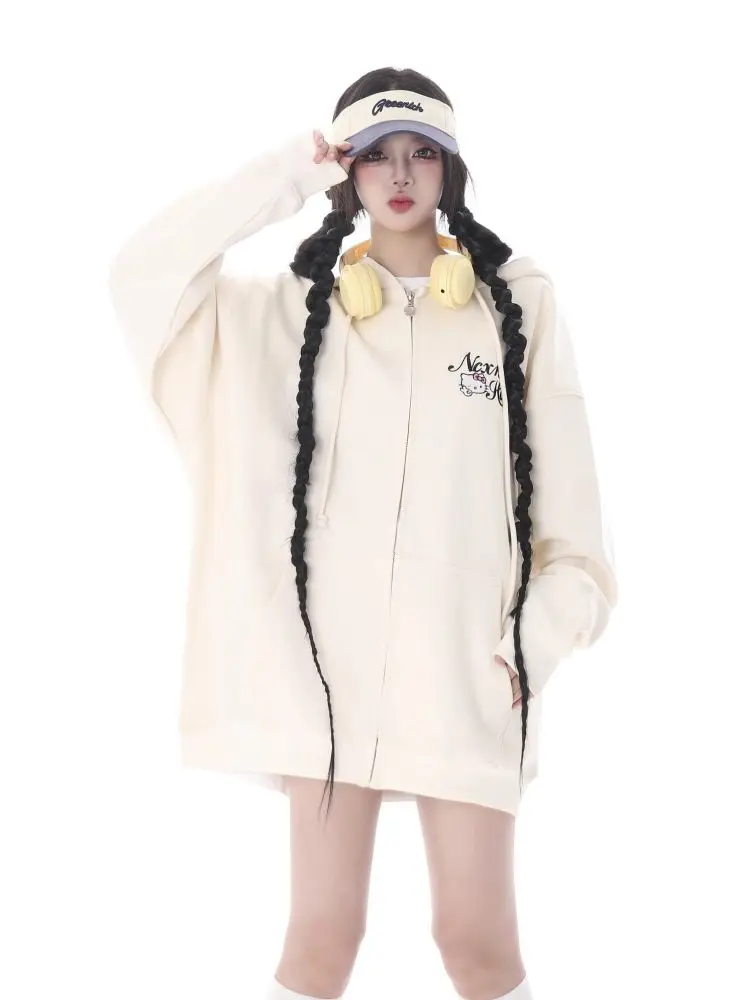 

Anime Kawaii Sanrio Hello Kitty Cute Cartoon Women's Cardigan Spring Autumn New Fashion Hooded Embroidered Sweatshirt Loose Gift