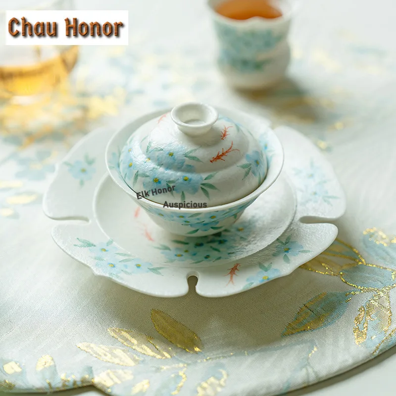 55ml Pure Hand-painted Blue Star Flower Gourd Gaiwan Retro Tea Tureen Tea Bowl With Lid Kit Tea Making Cover Bowl Tea Ceremony