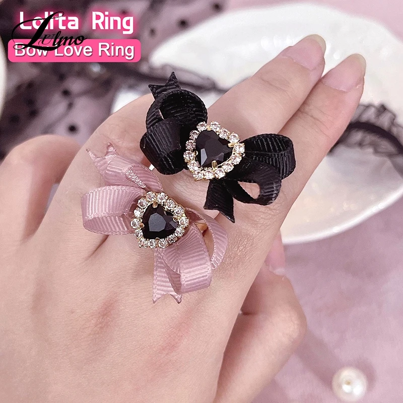 Harajuku Lolita Crystal Love Heart Ribbon Bow Knot Ring Per Le Donne Dark Cool Sweet Cute Trendy Jewelry Estetica Y2K Accessori