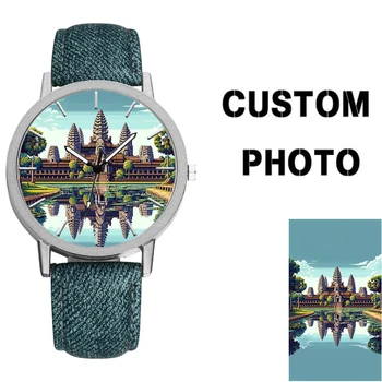 Immagine con stampa personalizzata Orologio al quarzo Cinturino in pelle denim Sfondo Foto stampata Orologio con design di resa propria Regalo di gioielli