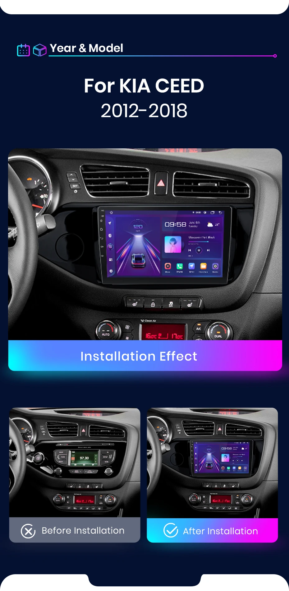 Junsun AI Wireless CarPlay für Apple Android Auto Autoradio für Kia CEED 2 JD 2012 2013 2014 2015-2018 Multimedia Navi Stereo – Detail 7