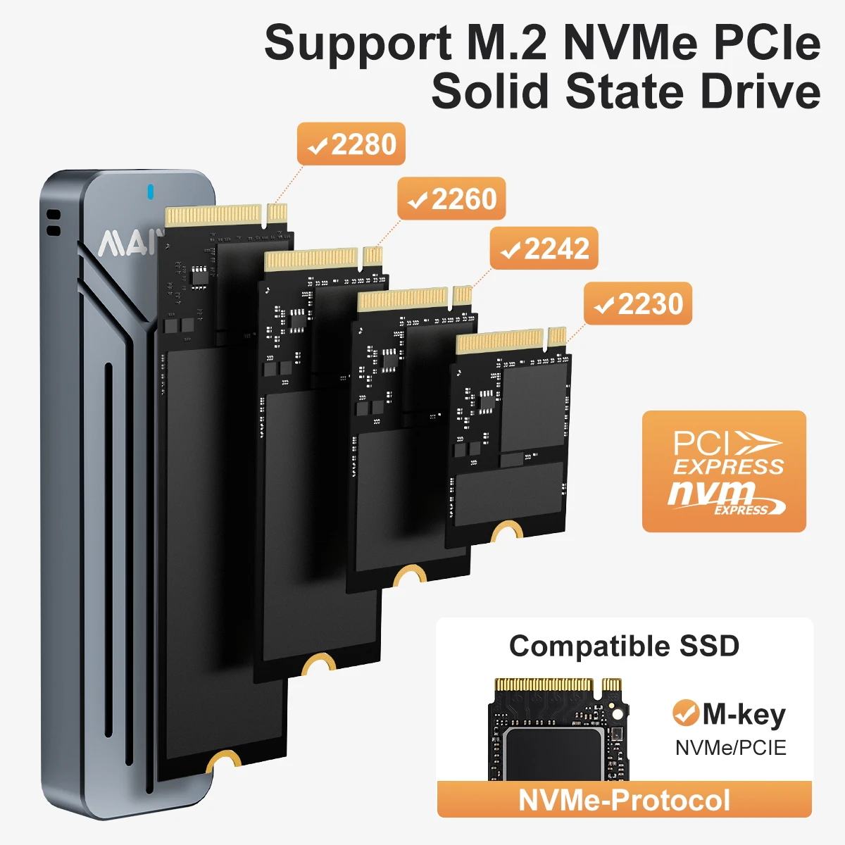 MAIWO SSD 케이스 M.2 NVME SSD 인클로저 어댑터 10Gbps USB 3.1 Gen2 USB C 지원 UASP Trim 8TB 알루미늄 2230 2242 2260 2280용