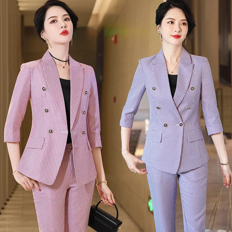 

Korean Style Fashion Houndstooth Small Suit Women's Spring Summer Business Attire Suit Slim-Fitting Suit Double Breasted Workwea